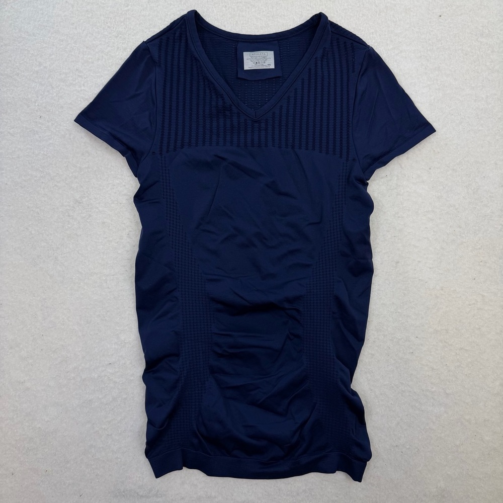 Athleta Trophy Tee Diamond Mesh Navy Blue Short Sleeve Size XS - Picture 3 of 7